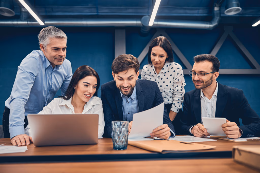 Employees engaging in a productive business strategy discussion