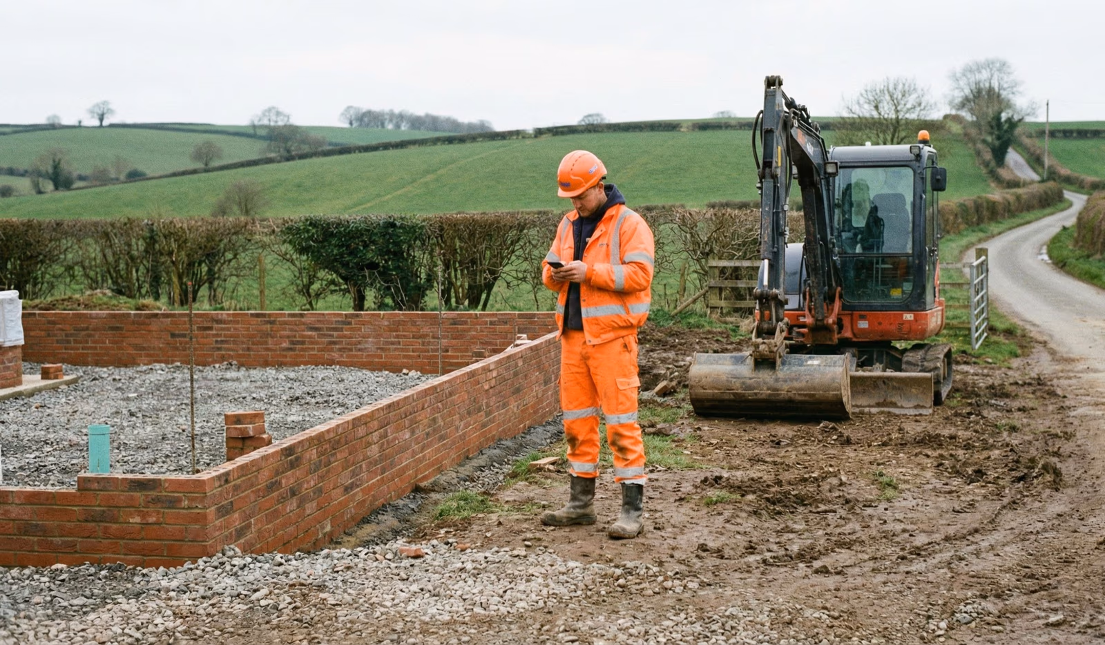 Construction worker in orange high-visibility clothing checking their smartphone on a rural building site, with a mini excavator and rolling green countryside in the background.