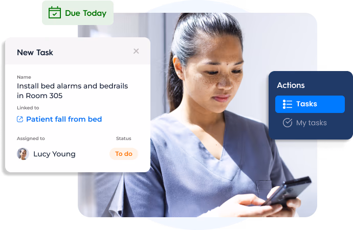 Healthcare professional reading her actions on Vatix's incident reporting mobile app