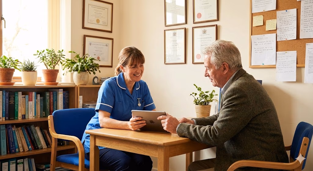 A nurse reviews care records on a tablet with an older man in a care home office