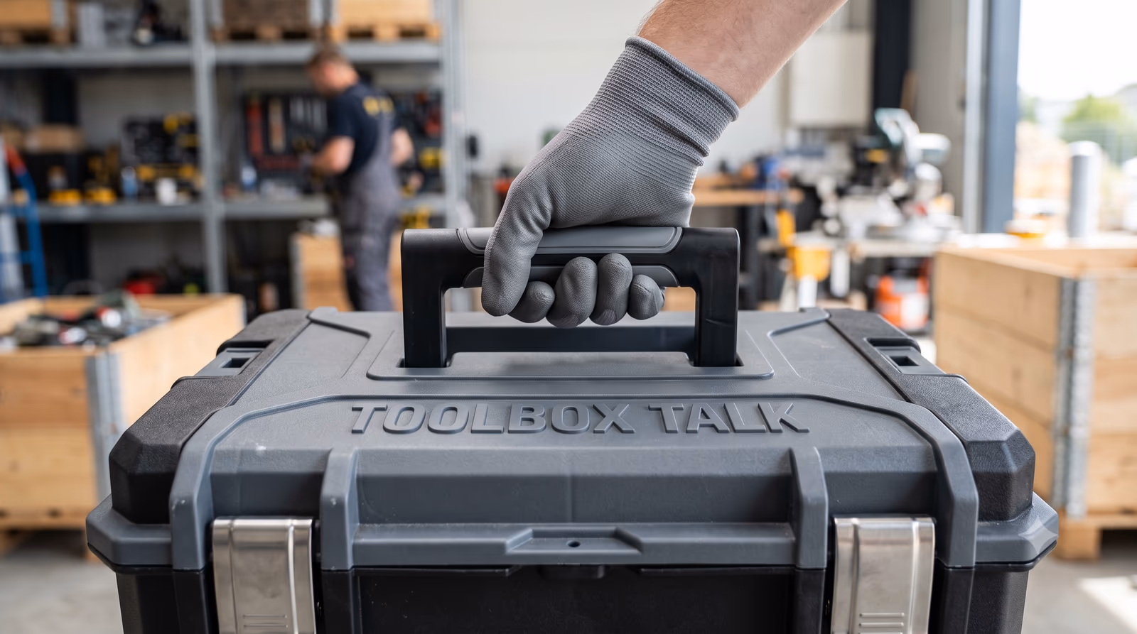 A gloved hand carrying a modern polymer toolbox with the words Toolbox Talk embossed on the front, in a workshop.