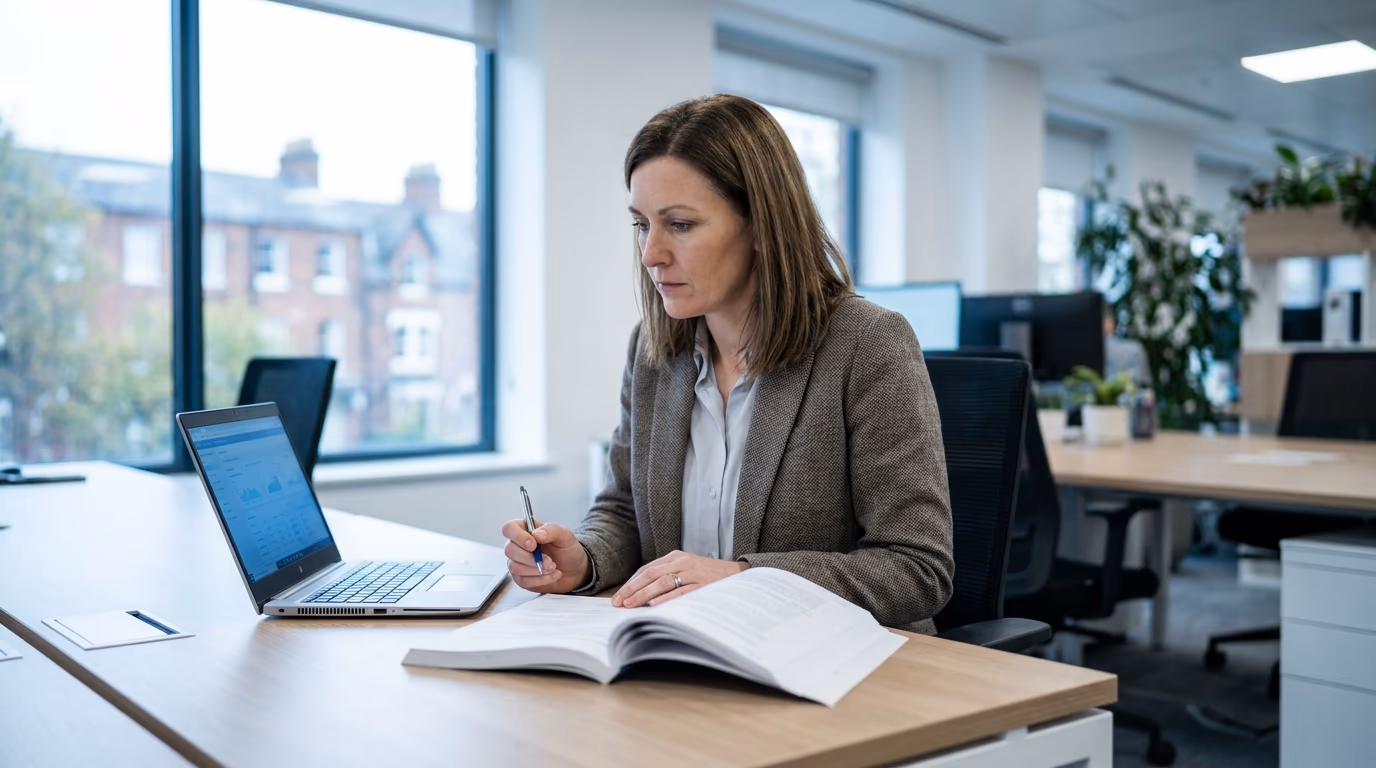 A health and safety manager reviewing a printed policy document at her desk beside a laptop, in a bright UK office.