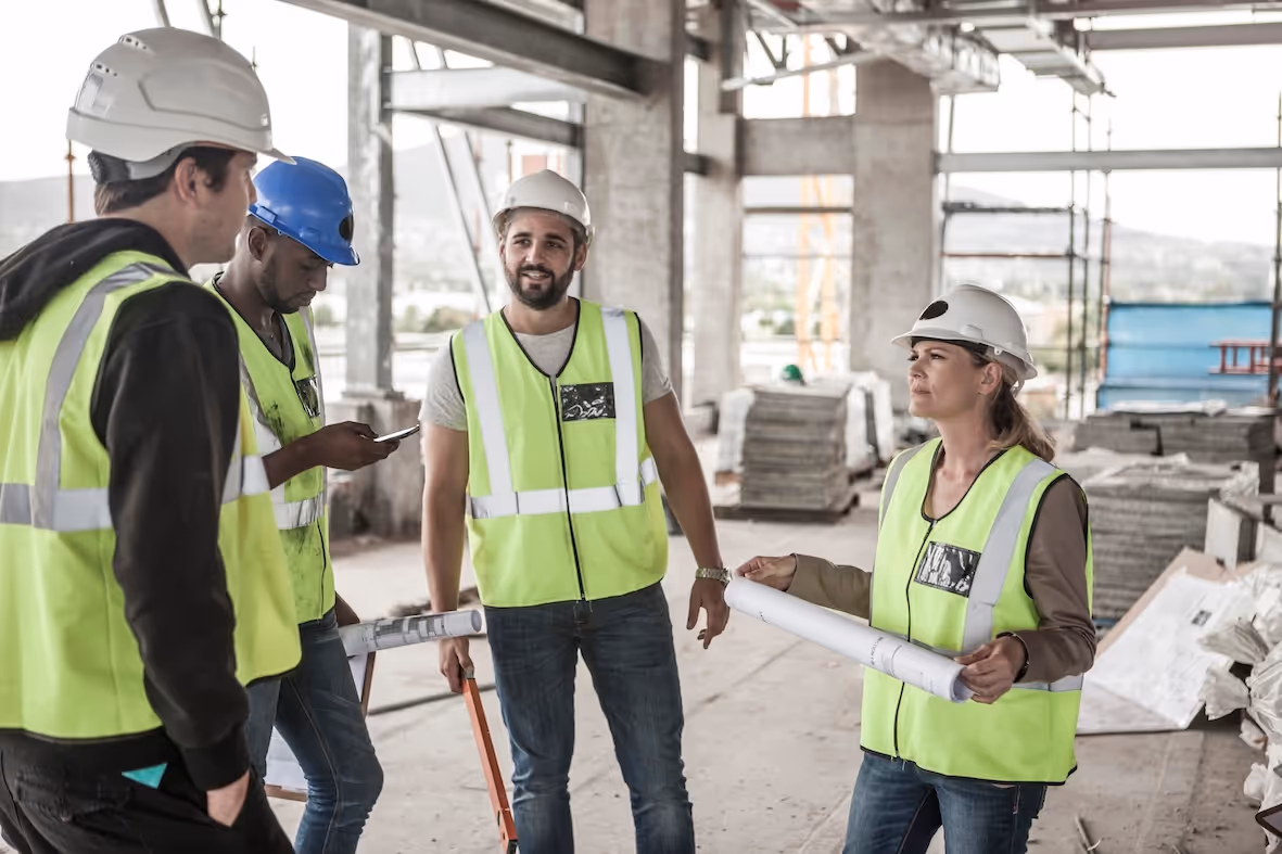 Construction team inspecting building